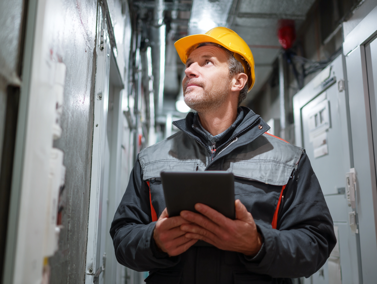 Acoustic engineer inspecting equipment room ductwork